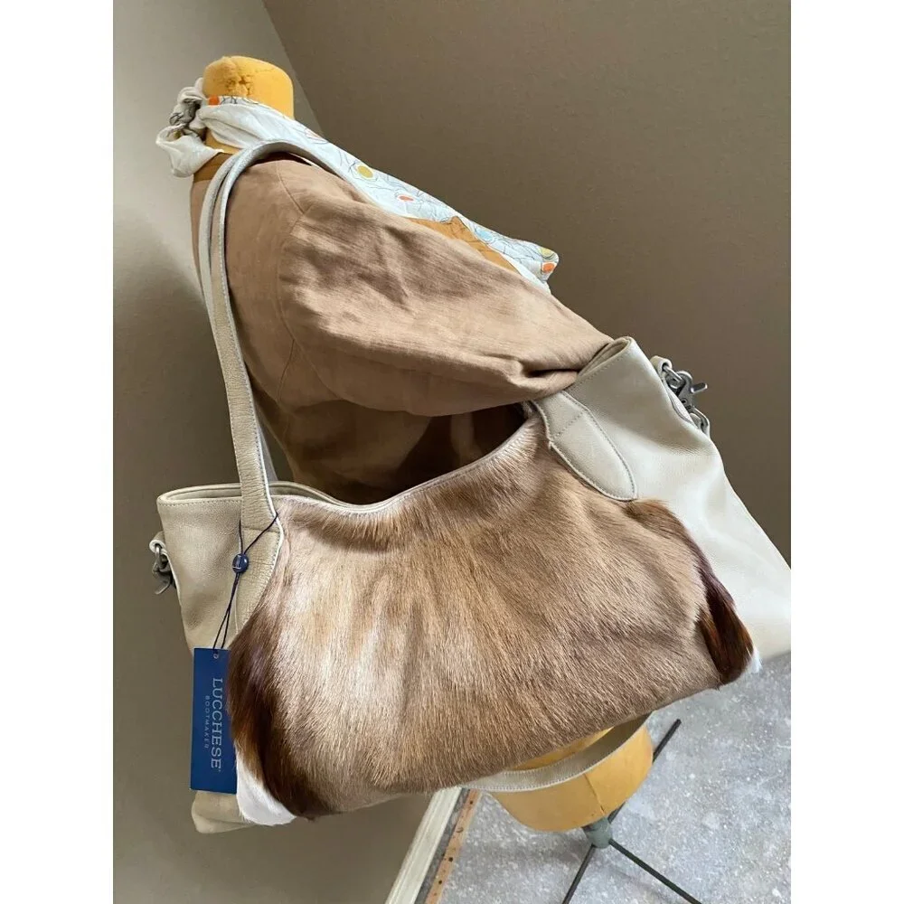 Lucchese Antelope Leather East West Tote Bag Crossbody Marble Ivory Travel Bag - Picture 13 of 16